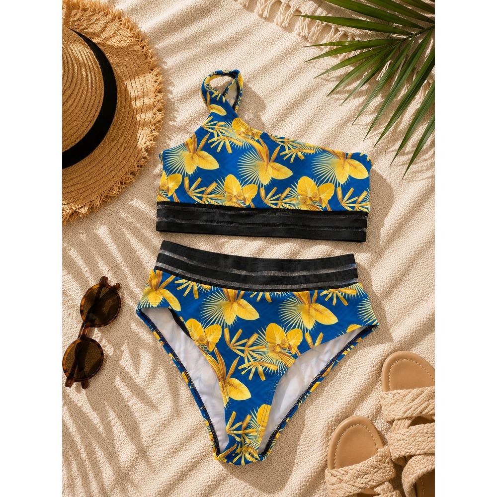 Peddney Women Blue Yellow Tropical Floral One Shoulder High Waist Bikini Set S